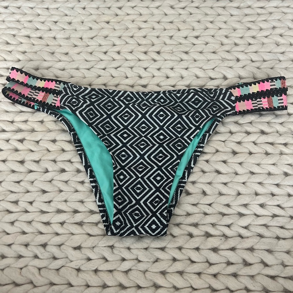 Women’s Black & Teal Geometric Bikini Bottom with Pink Accent Straps